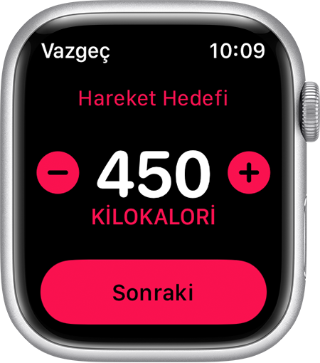 Apple Watch'ta 450 kalorilik bir Hareket hedefi belirleme.