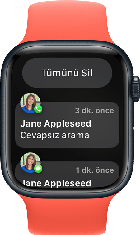 Tümünü Sil düğmesini gösteren Apple Watch