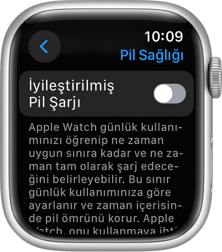 Apple Watch'taki Ayarlar uygulamasında iyileştirilmiş pil şarjı.
