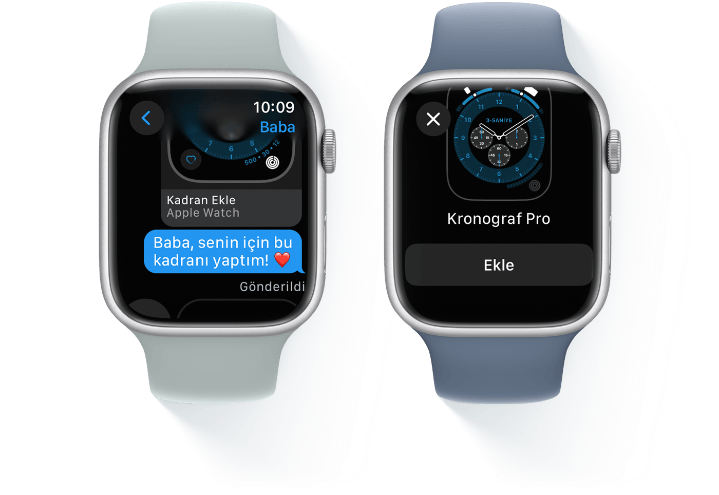 Biri bir mesaj yazışmasını, diğeri Kronograf Pro Kadranını gösteren iki Apple Watch