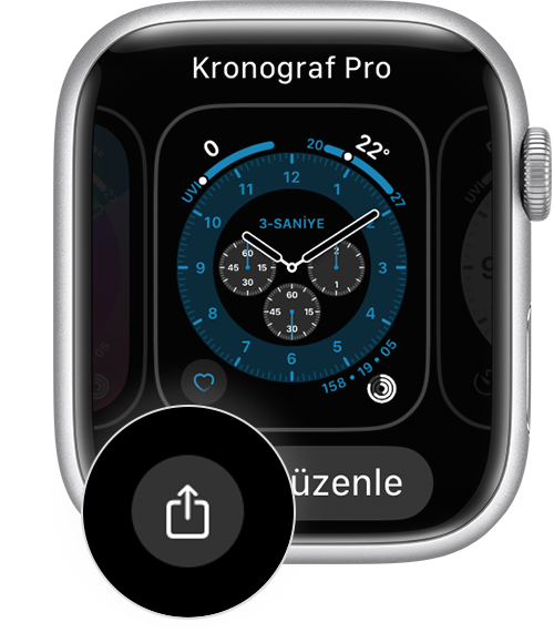 Paylaş düğmesini gösteren Apple Watch kadranı