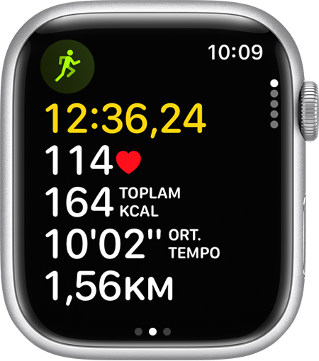 Apple Watch'ta bir koşu antrenmanı için ilerleme durumu.