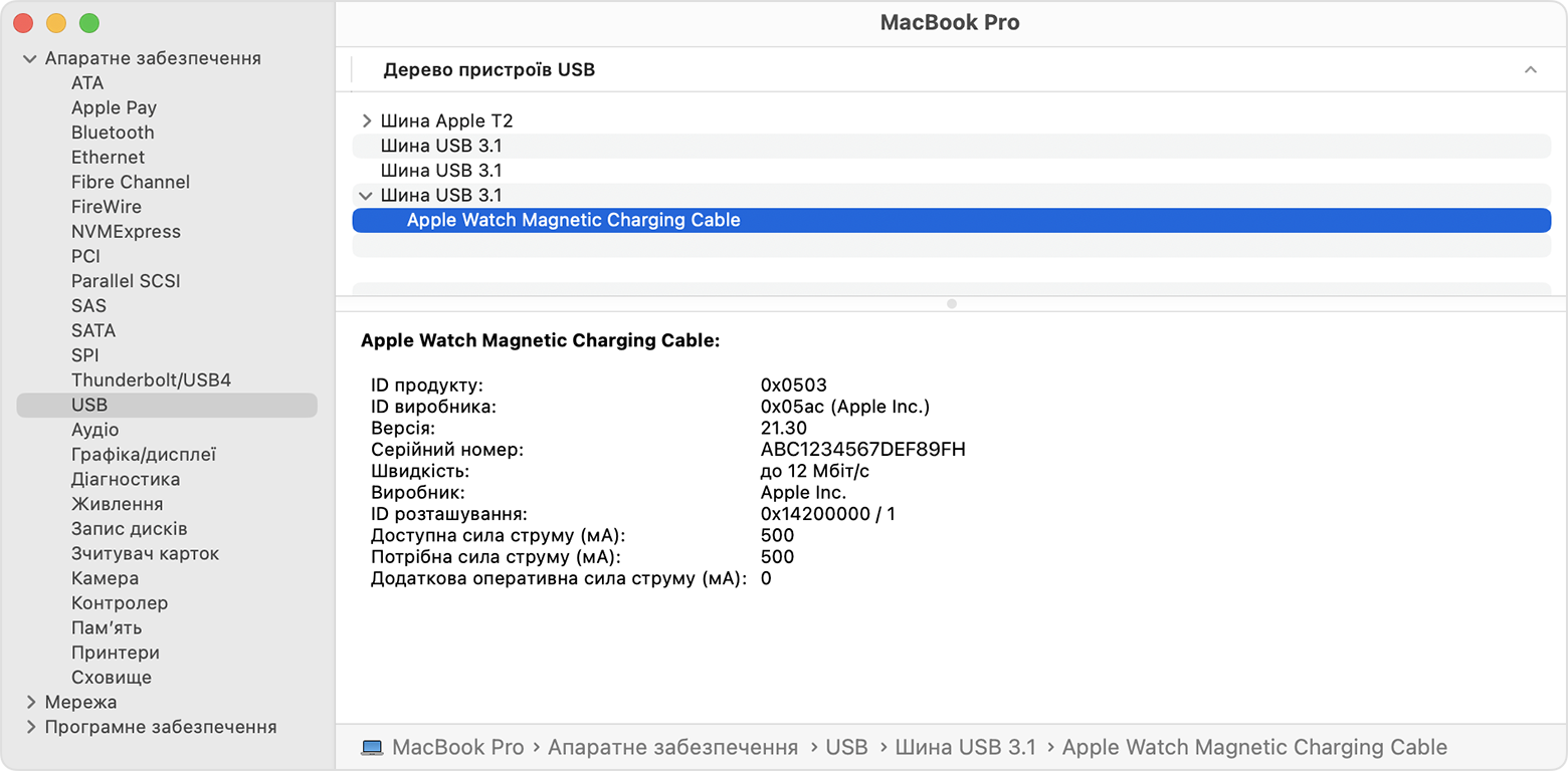 Системний звіт MacBook Pro з відомостями про виробника кабелю з магнітним кріпленням для заряджання Apple Watch