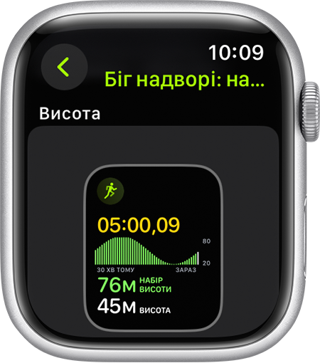 Годинник Apple Watch, на якому відображається висота під час бігу.