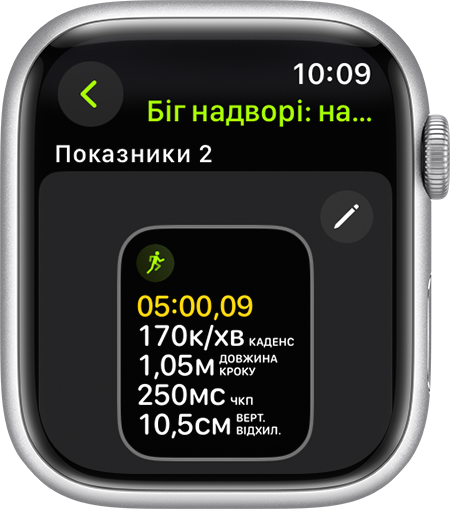 Годинник Apple Watch, який показує показники форми бігу під час пробіжки.