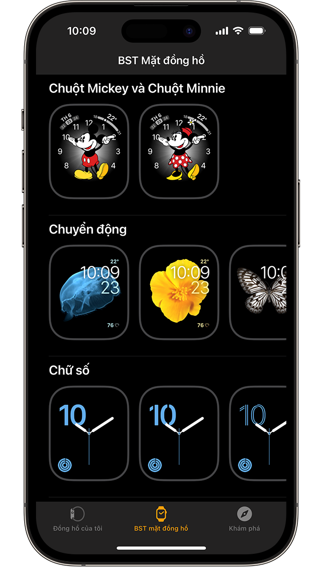 BST mặt đồng hồ hiển thị tùy chọn Chuột Mickey và Chuột Minnie.