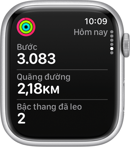 Số bước hiện tại, Khoảng cách và Chuyến bay đã đi trong ứng dụng Hoạt động trên Apple Watch.