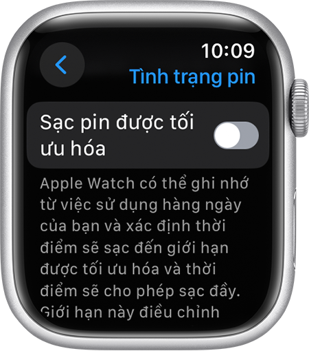 Tính năng Sạc pin được tối ưu hóa trong ứng dụng Cài đặt trên Apple Watch.