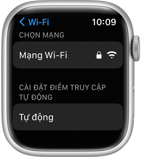Màn hình cài đặt Wi-Fi của Apple Watch đang hiển thị tùy chọn Cài đặt điểm truy cập tự động