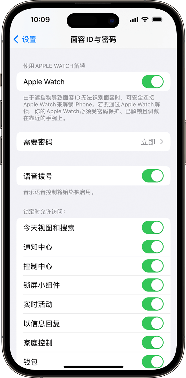 iOS 16.2，iPhone 14 Pro，设置，面容 ID，密码，使用 Apple Watch 解锁