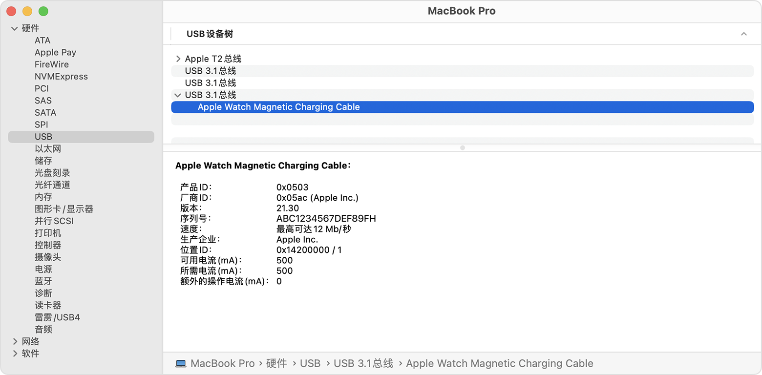 MacBook Pro 的“系统报告”显示了 Apple Watch 磁力充电线的生产企业详细信息