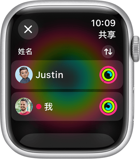 Apple Watch 屏幕显示了哪些朋友在分享自己的健身记录