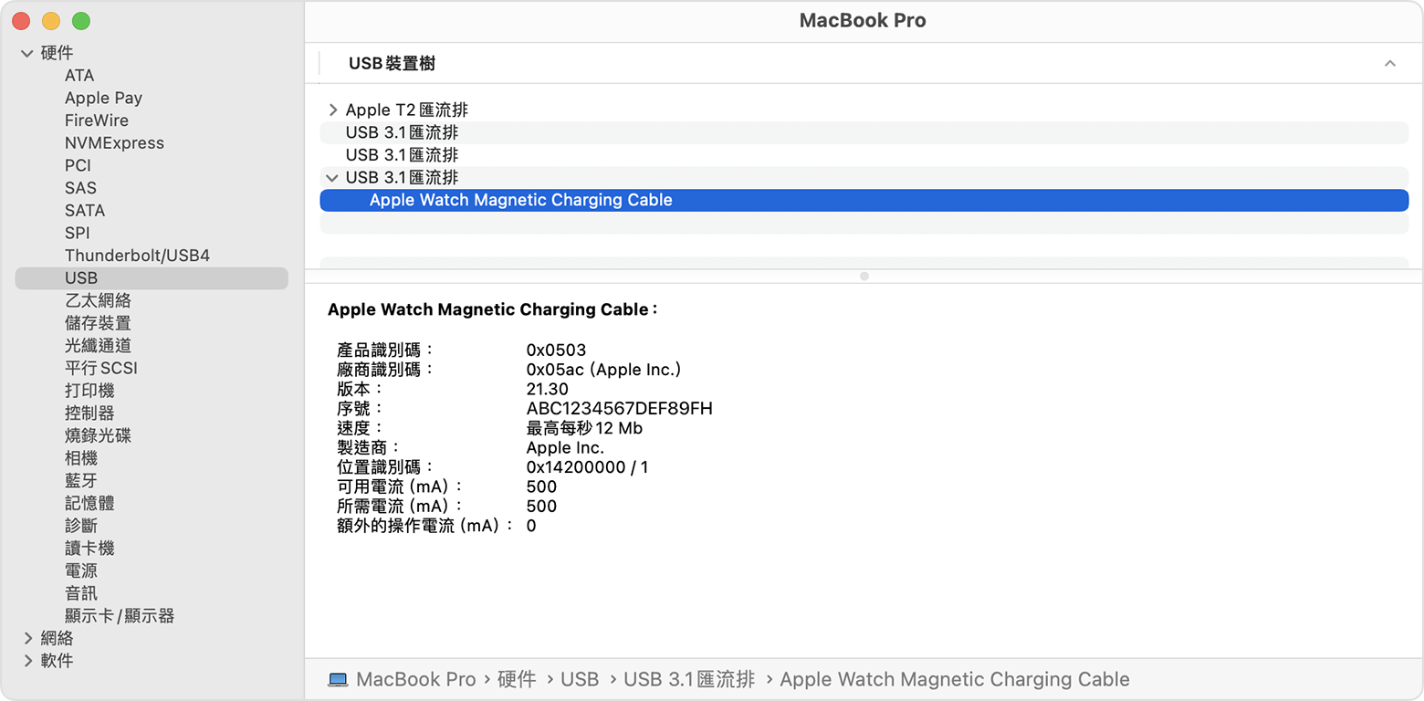 MacBook Pro「系統報告」正顯示 Apple Watch 磁力充電線的製造商詳情