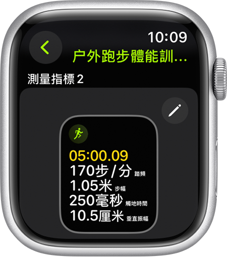 Apple Watch 在跑步期間顯示跑步姿勢指標。