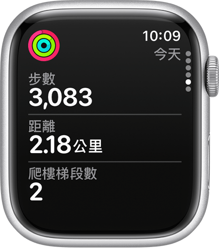 Apple Watch 上的「活動記錄」App 顯示目前的「步數」、「距離」和「爬樓梯段數」。