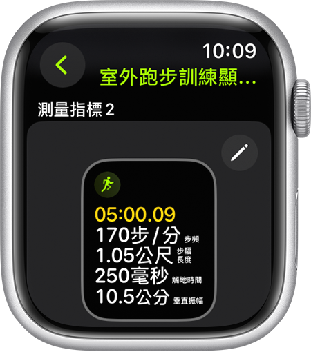 Apple Watch 顯示跑步期間的跑步姿勢指標。
