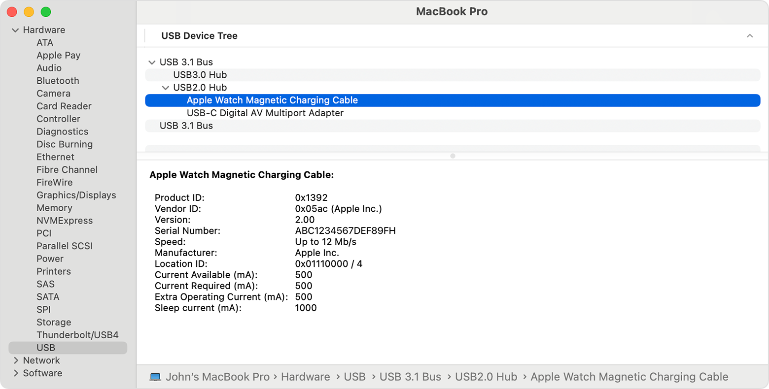 MacBook Pro System Report showing manufacturer details of Apple Watch Magnetic Charging Cable