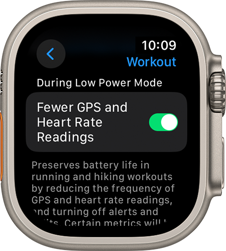 Apple Watch Ultra screen showing Low Power Mode setting