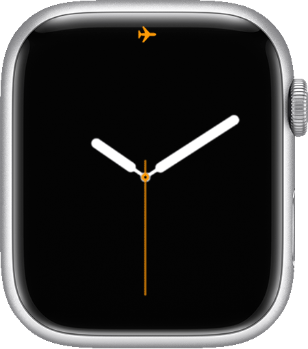 Apple Watch en el que se muestra el ícono de modo de vuelo en la parte superior de la pantalla