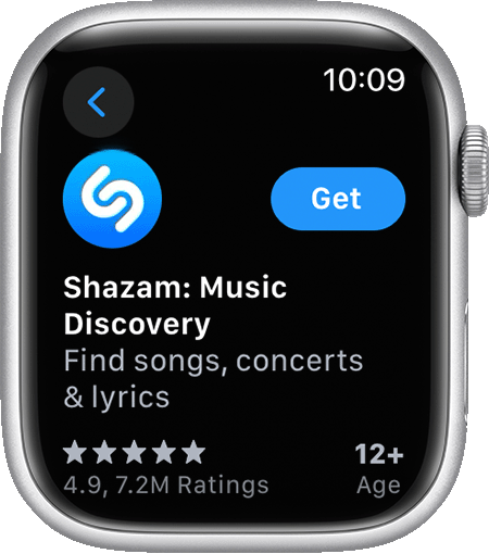 „Apple Watch“ ekranas, kuriame rodoma, kaip atsisiųsti programą