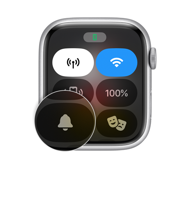 Bedieningspaneel op Apple Watch met Stille modus.