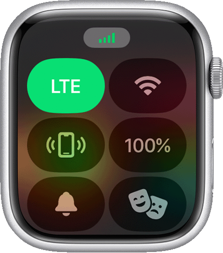 Apple Watch wyświetlający słupki sygnału sieci komórkowej u góry ekranu