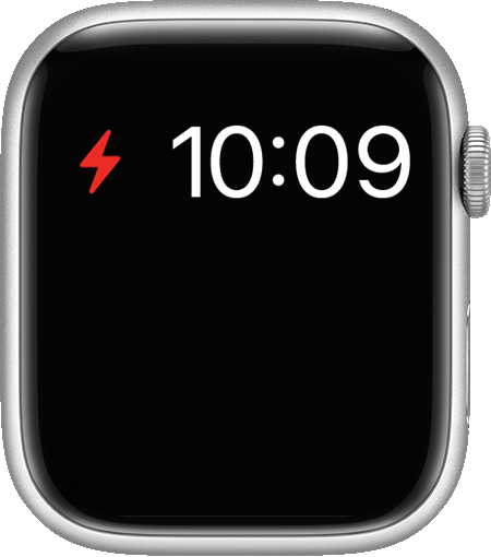 Apple Watch, jonka näytön ylälaidassa näkyy vähäisen virran kuvake