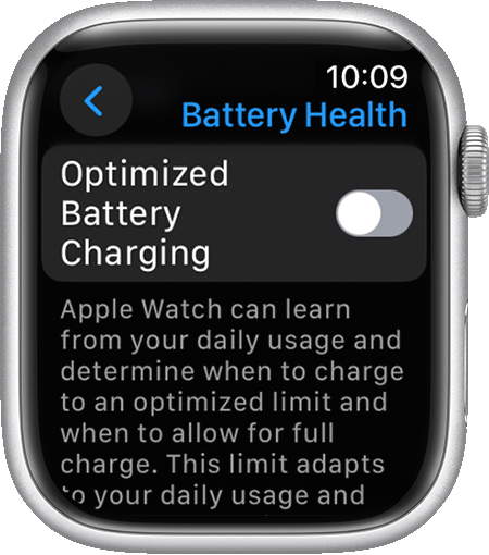 Optimized battery charging in the Settings app on Apple Watch.