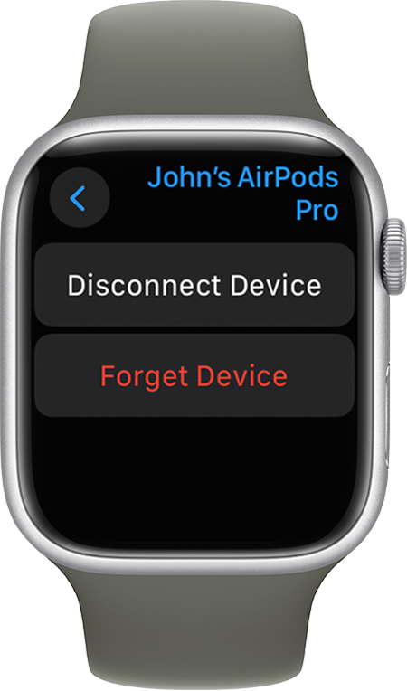 Екран Apple Watch, на якому показано варіанти «Відʼєднати пристрій» і «Забути пристрій»