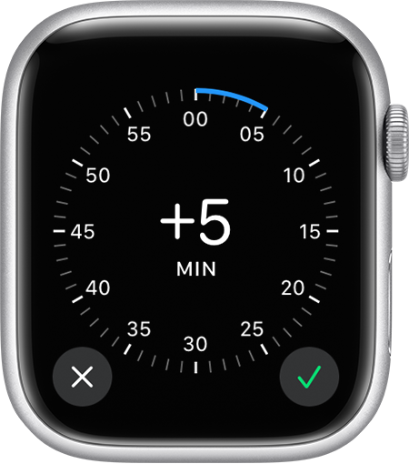 Une Apple Watch affichant un cadran permettant de faire avancer l’heure de 59 minutes maximum