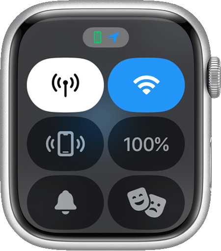 Apple Watch en el que se muestra el ícono de ubicación en forma de flecha azul en la parte superior de la pantalla