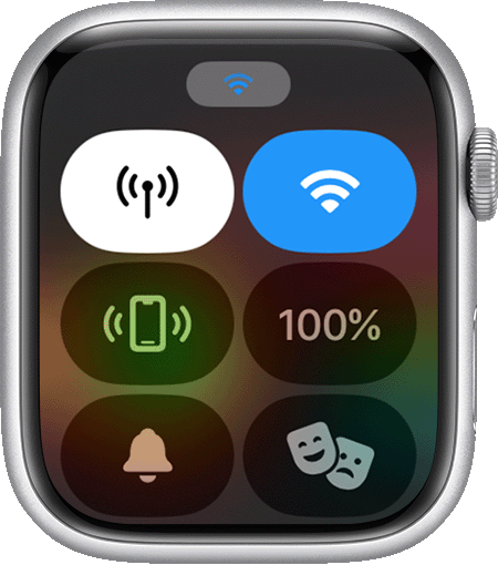 Egy Apple Watch, amelynél a képernyő tetején a Wi-Fi ikonja látható