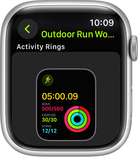 An Apple Watch that shows the Activity Rings progress during a run.