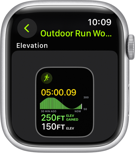 An Apple Watch that shows the Elevation metric during a run.