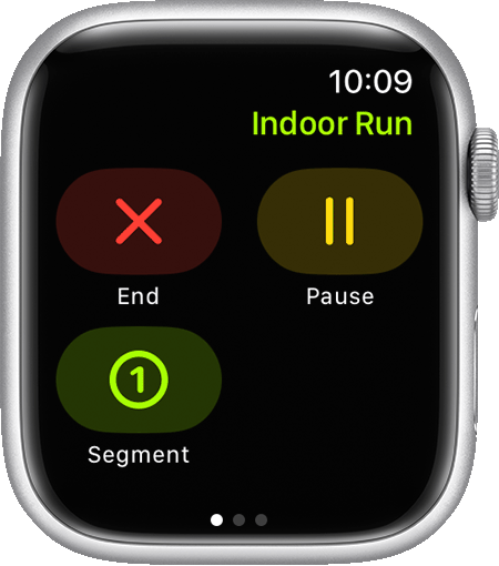 The End, Pause and Segment options during an Indoor Run workout on Apple Watch.