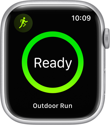  An Apple Watch that shows the start of a running workout.