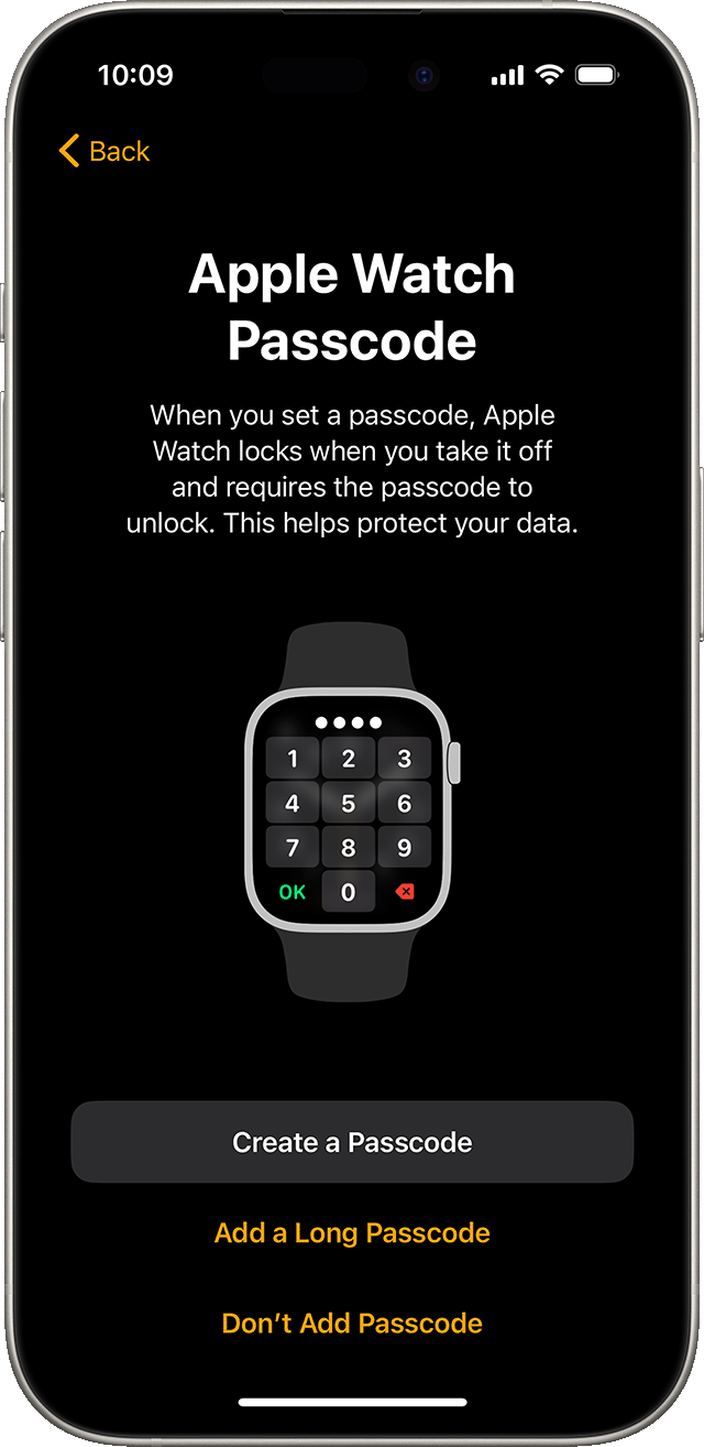 iPhone showing the Apple Watch passcode setup screen