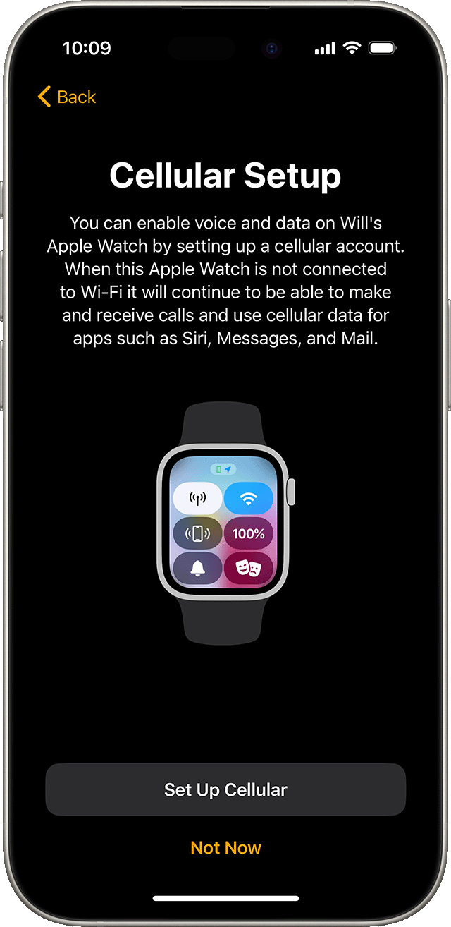 iPhone affichant l’écran de configuration de la connectivité mobile de l’Apple Watch