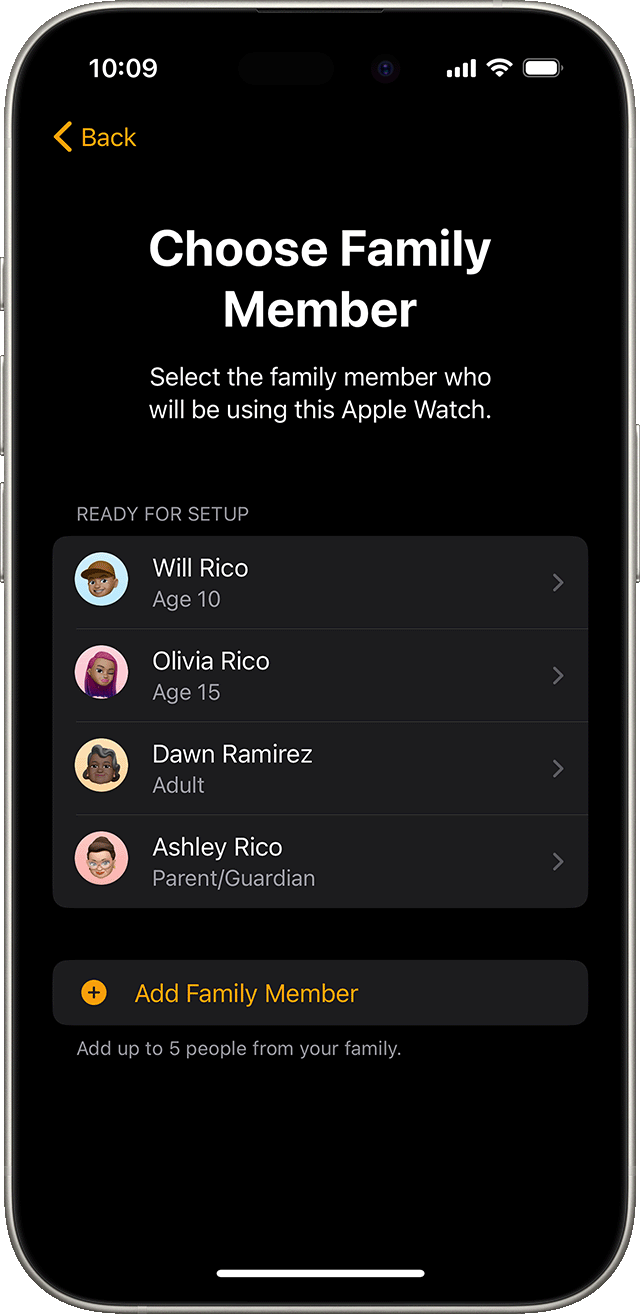 iPhone showing the screen on which a user chooses a family member who will use the watch