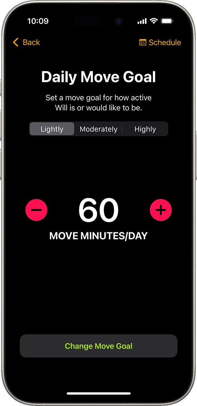 iPhone showing the Apple Watch daily move goal setup screen