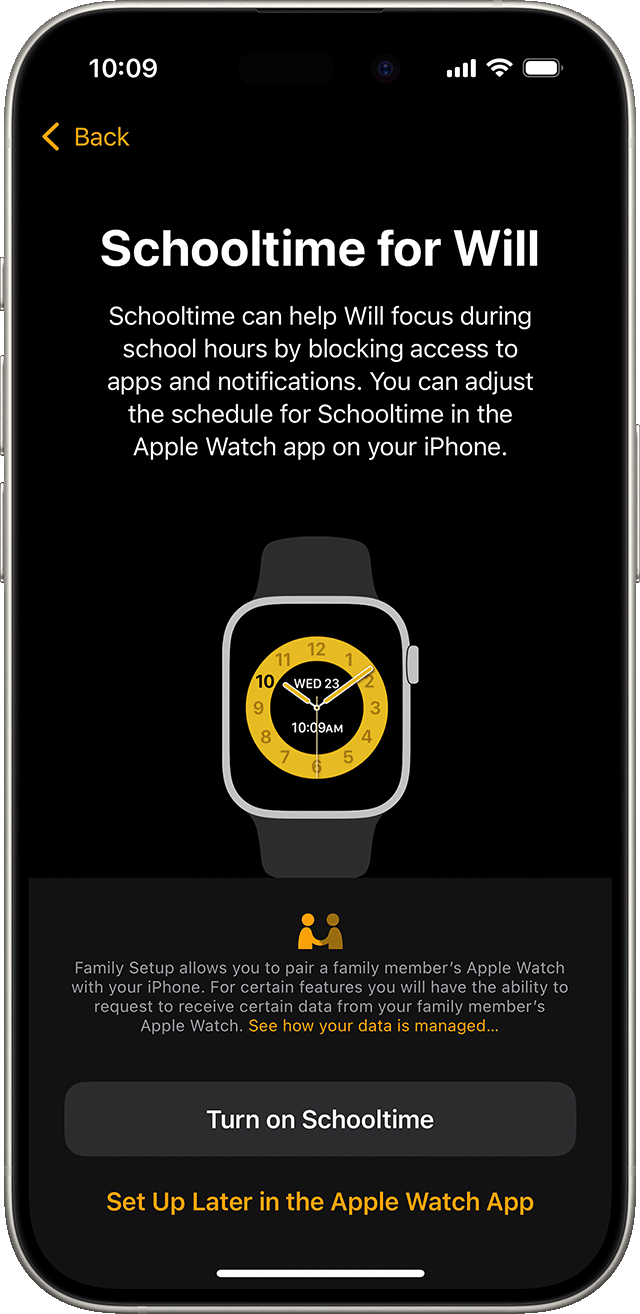 iPhone affichant l’écran de configuration du mode École de l’Apple Watch