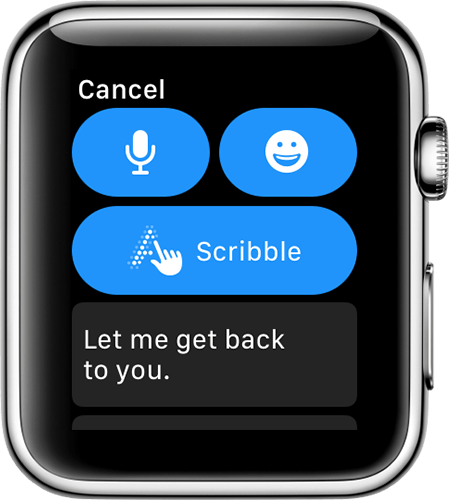 Ekran zegarka Apple Watch z opcjami odpowiedzi