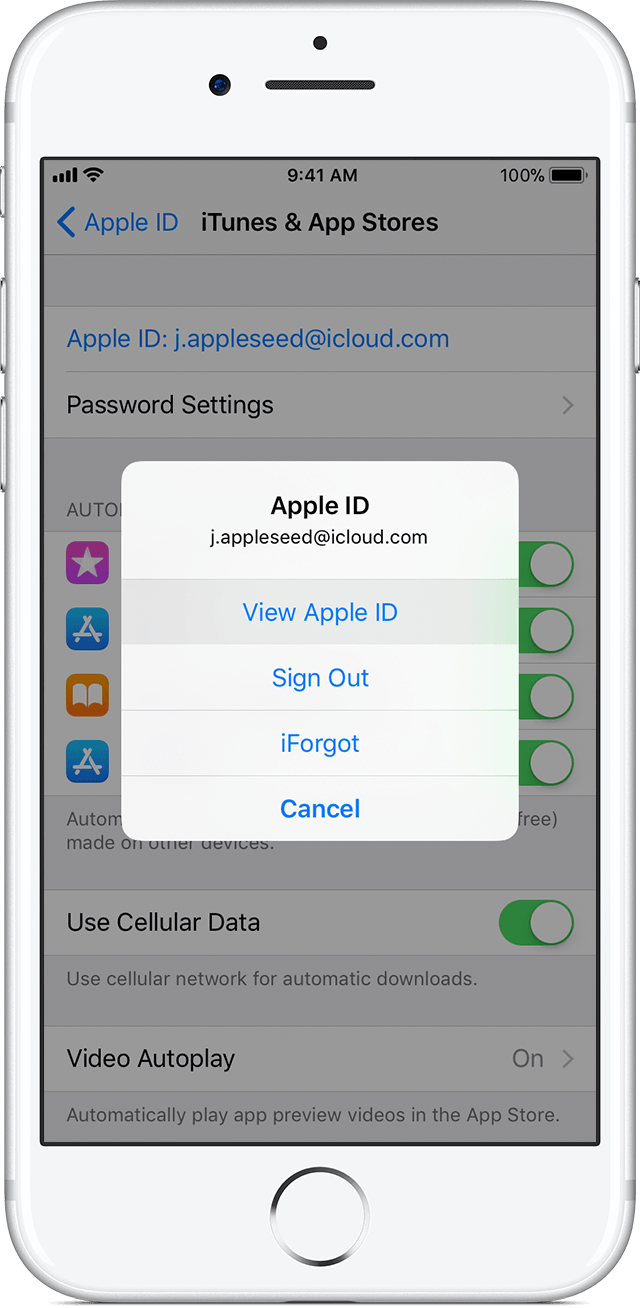 iOS 11 搭載 iPhone 7 の「設定」＞「[ユーザ名]」＞「iTunes と App Store」＞「Apple ID を表示」