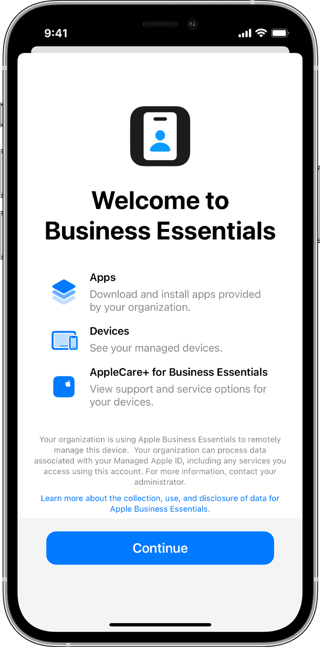 iPhone 正顯示 Welcome to Business Essentials (歡迎使用 Business Essentials) 的畫面