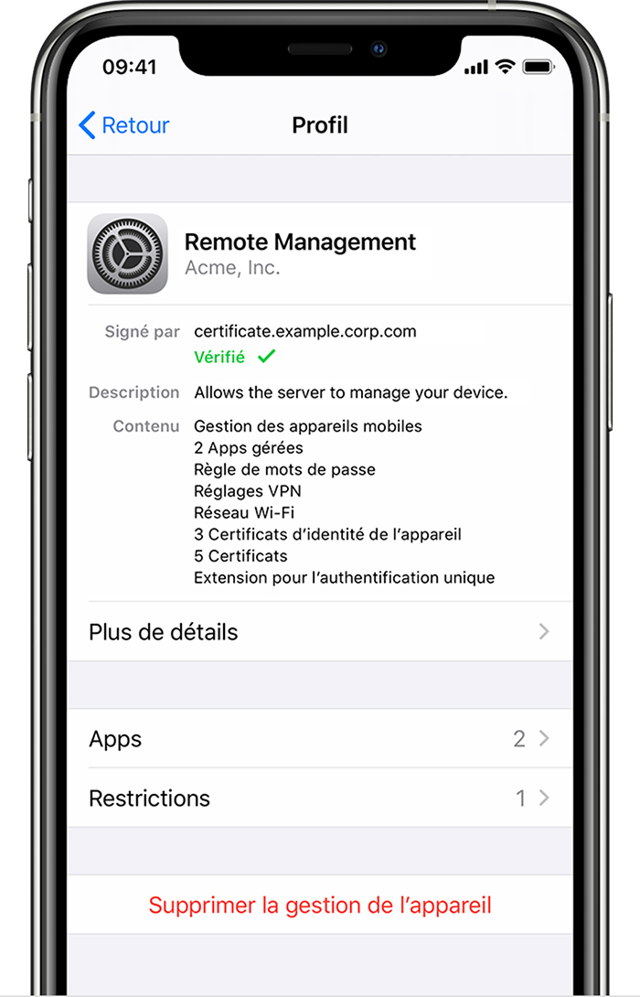 iPhone affichant un profil installé dans VPN et gestion de l’appareil