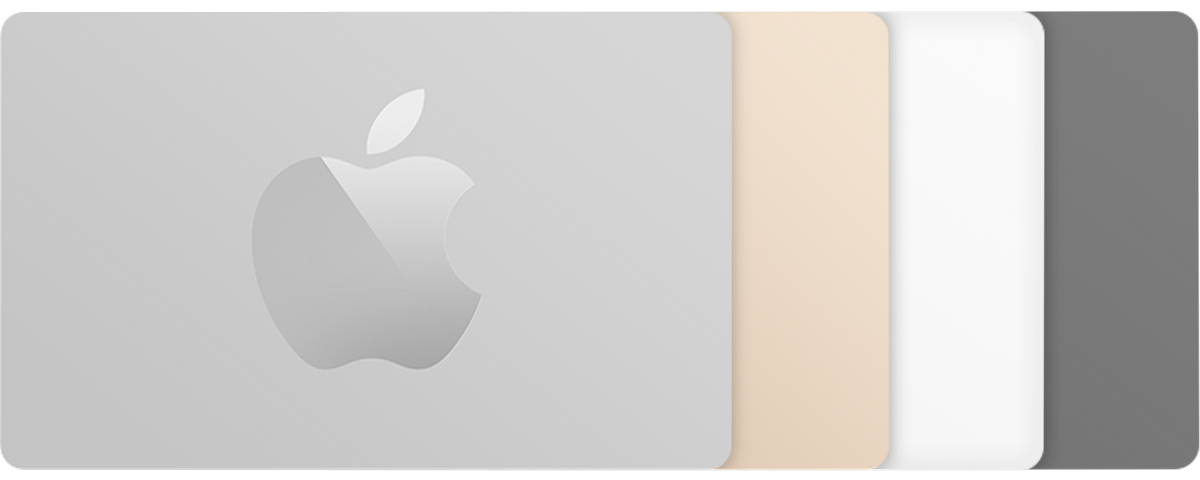 Apple Store Gift Cards in a range of colours, including silver, gold, white and grey.
