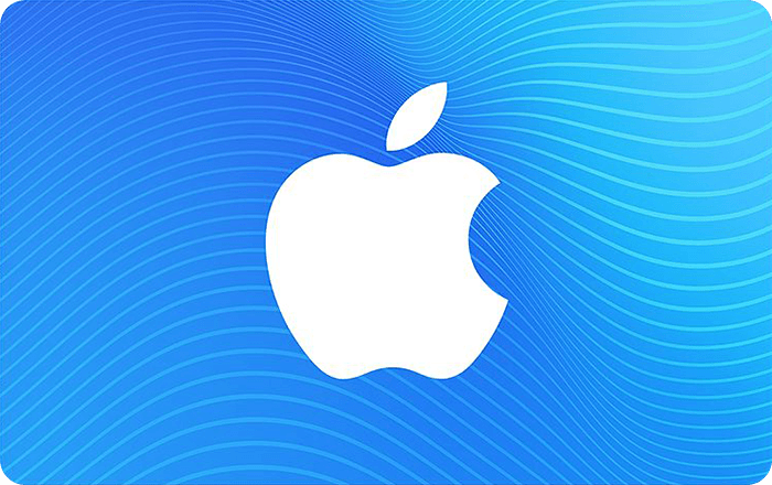 Carte cadeau App Store & iTunes présentant un logo Apple blanc sur fond bleu avec un motif en forme de vagues.