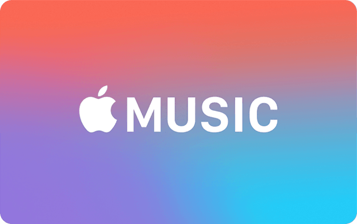 La parte anteriore di una carta regalo Apple Music. È rosa, viola e blu con un logo Apple Music bianco. 