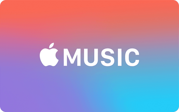 Bir Apple Music Hediye Kartının ön yüzü. Pembe, mor ve mavi zemin üzerinde beyaz Apple Music logosu bulunur.