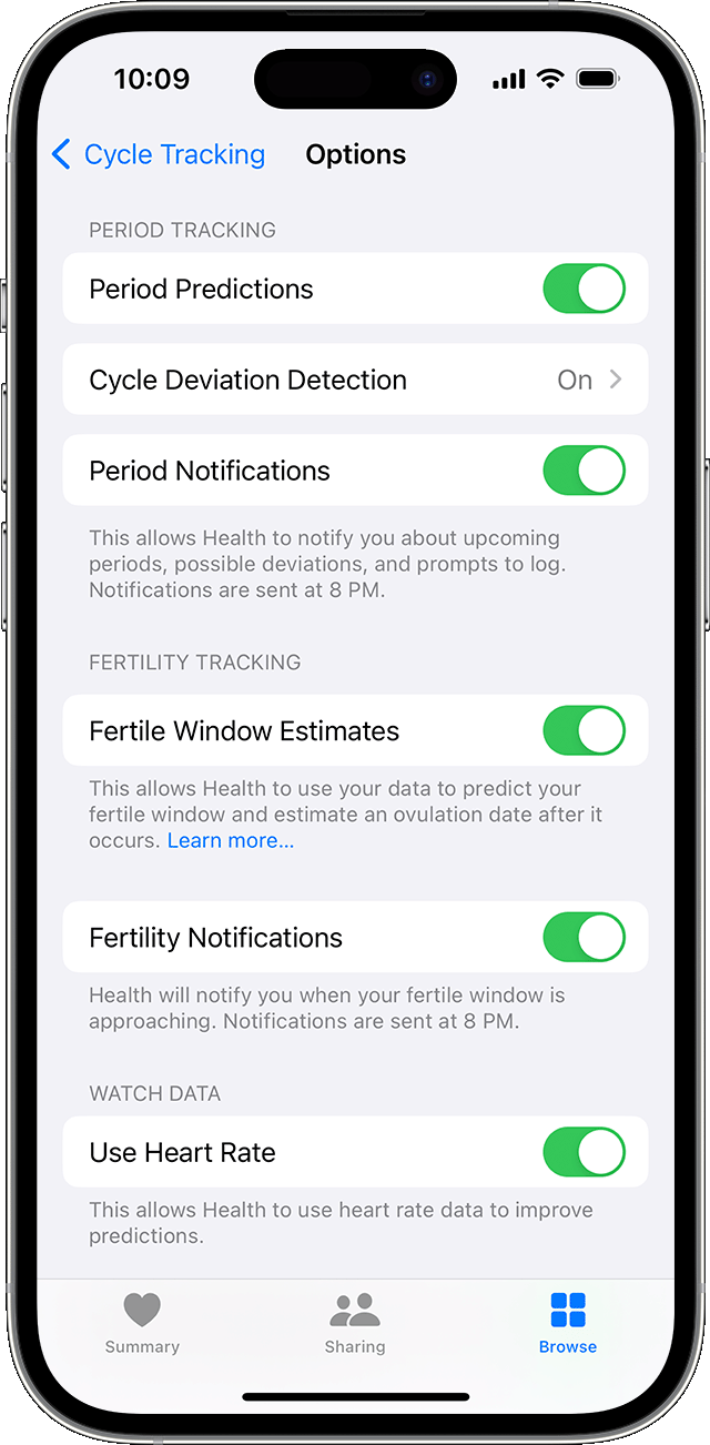 An iPhone that shows the options for Cycle Tracking, such as Period Predictions and Fertility Notifications.